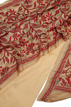 Cream Plain Silk Suit With Hand Embroidered Kantha Pure Bangalore Silk Dupatta - Luxurion World