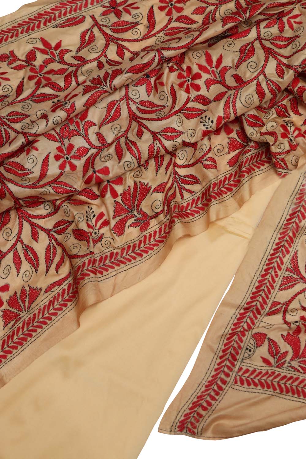 Cream Plain Silk Suit With Hand Embroidered Kantha Pure Bangalore Silk Dupatta - Luxurion World