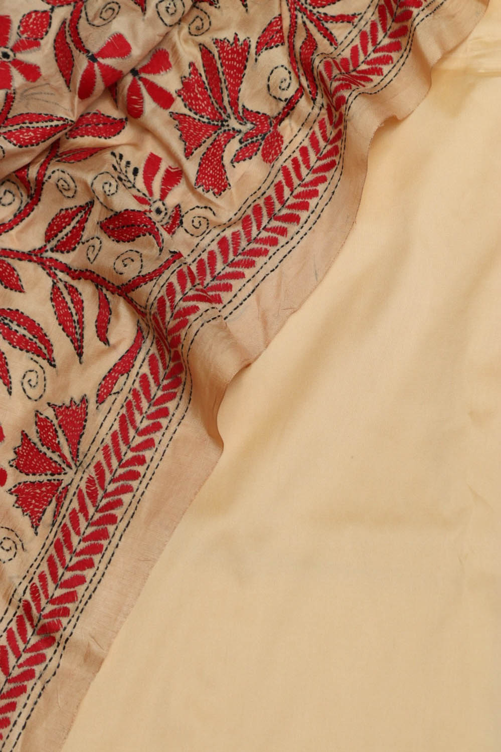 Cream Plain Silk Suit With Hand Embroidered Kantha Pure Bangalore Silk Dupatta - Luxurion World
