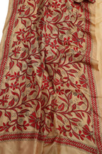 Cream Plain Silk Suit With Hand Embroidered Kantha Pure Bangalore Silk Dupatta - Luxurion World