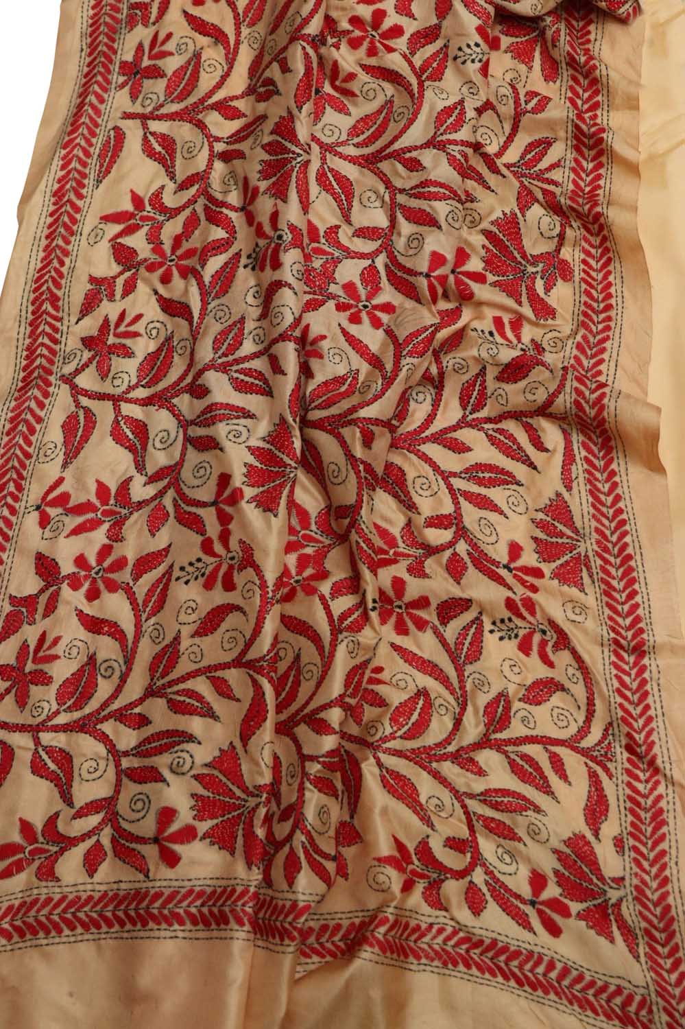Cream Plain Silk Suit With Hand Embroidered Kantha Pure Bangalore Silk Dupatta - Luxurion World