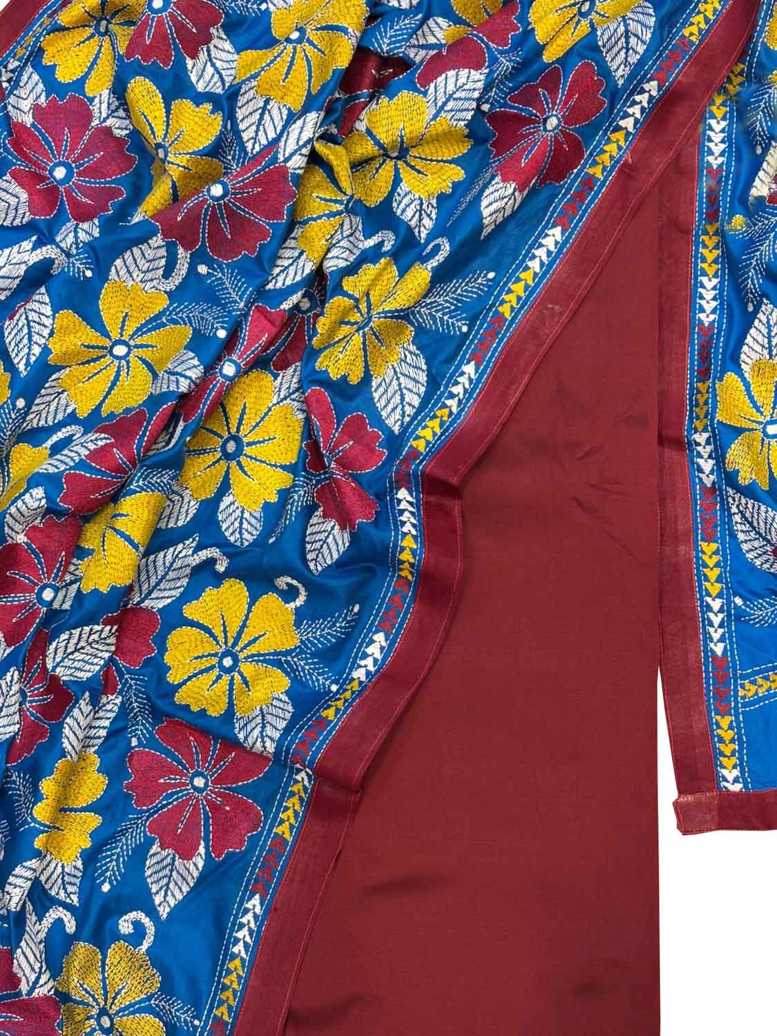 Maroon Plain Silk Suit With Hand Embroidered Kantha Pure Bangalore Silk Dupatta - Luxurion World