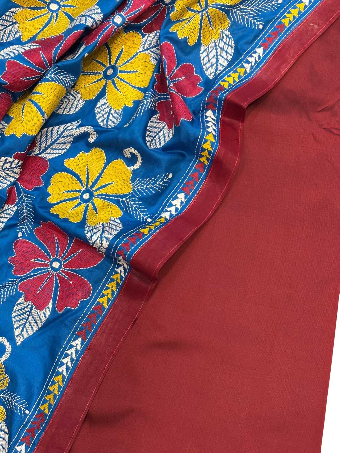 Maroon Plain Silk Suit With Hand Embroidered Kantha Pure Bangalore Silk Dupatta - Luxurion World