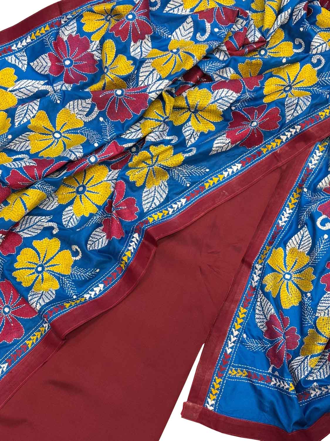 Maroon Plain Silk Suit With Hand Embroidered Kantha Pure Bangalore Silk Dupatta - Luxurion World