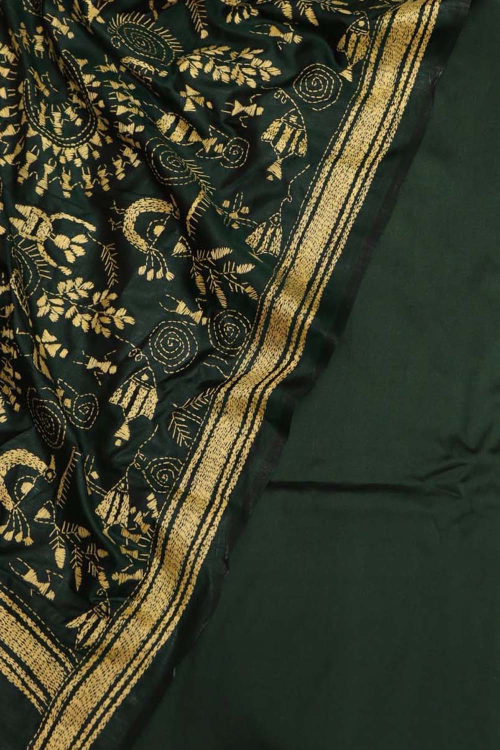 Green Plain Silk Suit With Hand Embroidered Kantha Pure Bangalore Silk Dupatta - Luxurion World