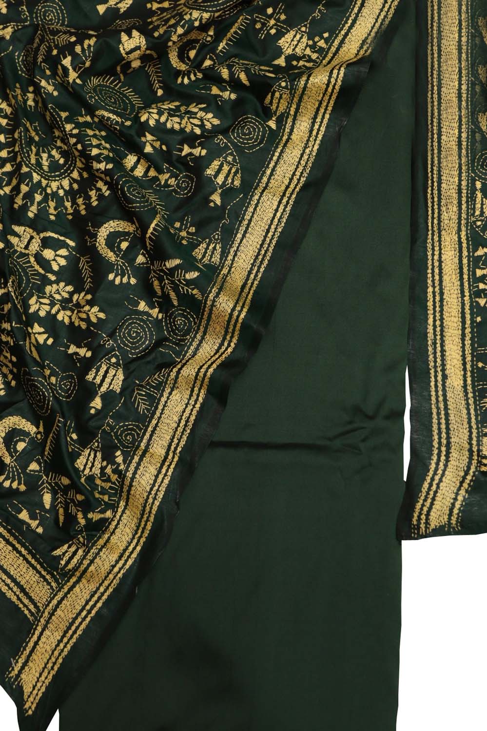Green Plain Silk Suit With Hand Embroidered Kantha Pure Bangalore Silk Dupatta - Luxurion World