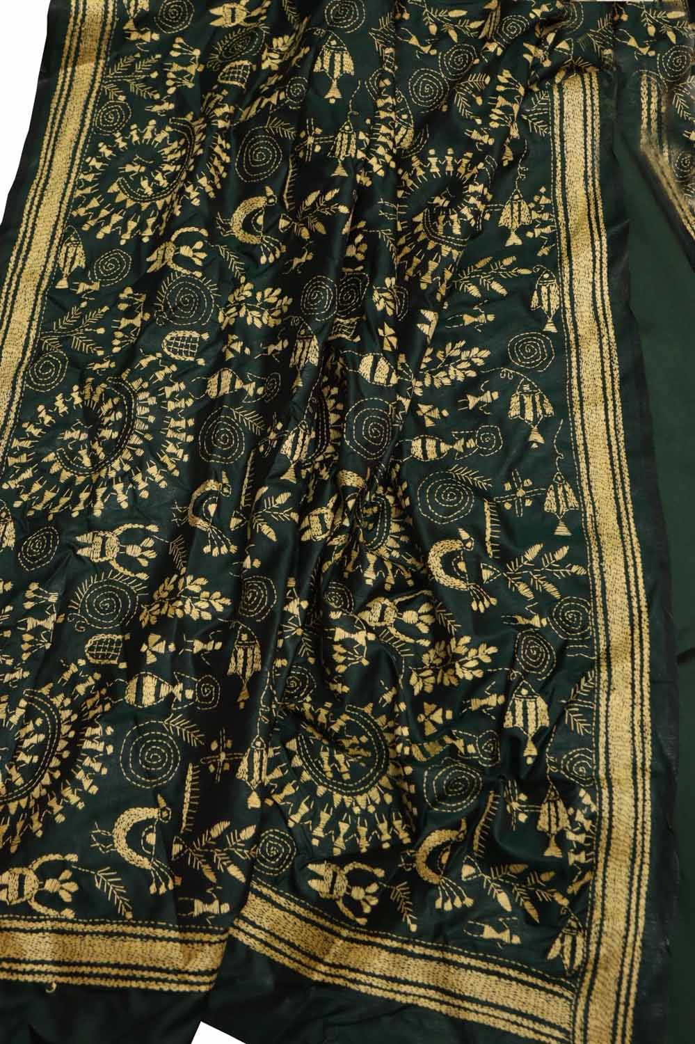 Green Plain Silk Suit With Hand Embroidered Kantha Pure Bangalore Silk Dupatta - Luxurion World