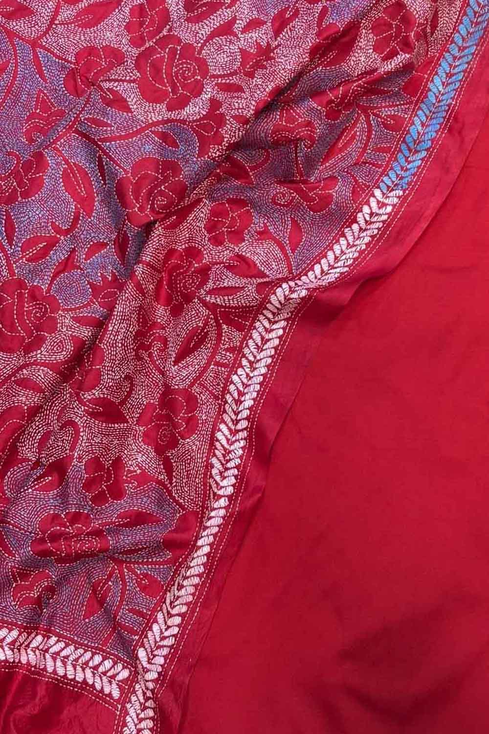 Red Plain Silk Suit With Hand Embroidered Kantha Pure Bangalore Silk Dupatta - Luxurion World