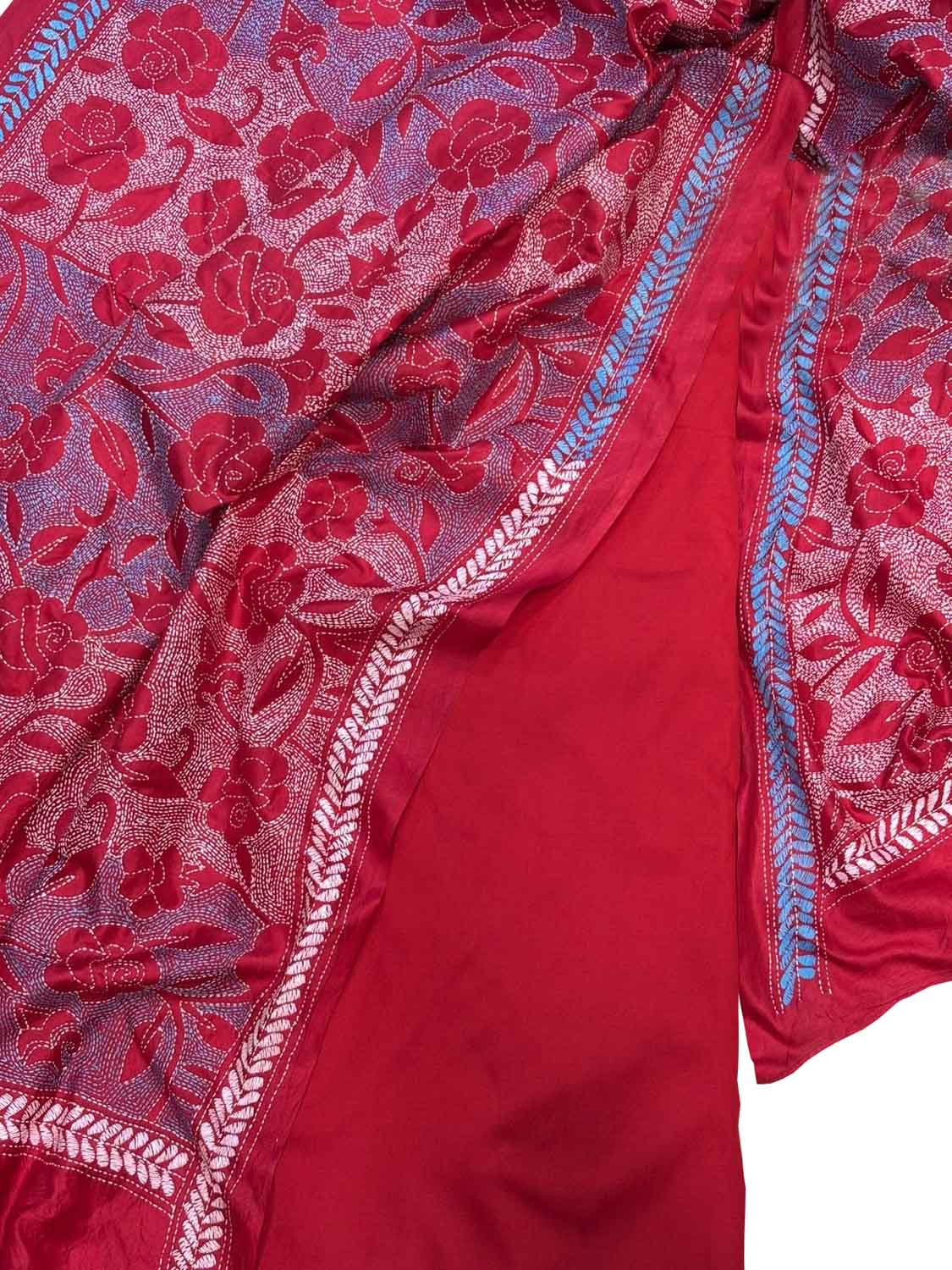 Red Plain Silk Suit With Hand Embroidered Kantha Pure Bangalore Silk Dupatta - Luxurion World