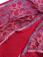 Red Plain Silk Suit With Hand Embroidered Kantha Pure Bangalore Silk Dupatta - Luxurion World
