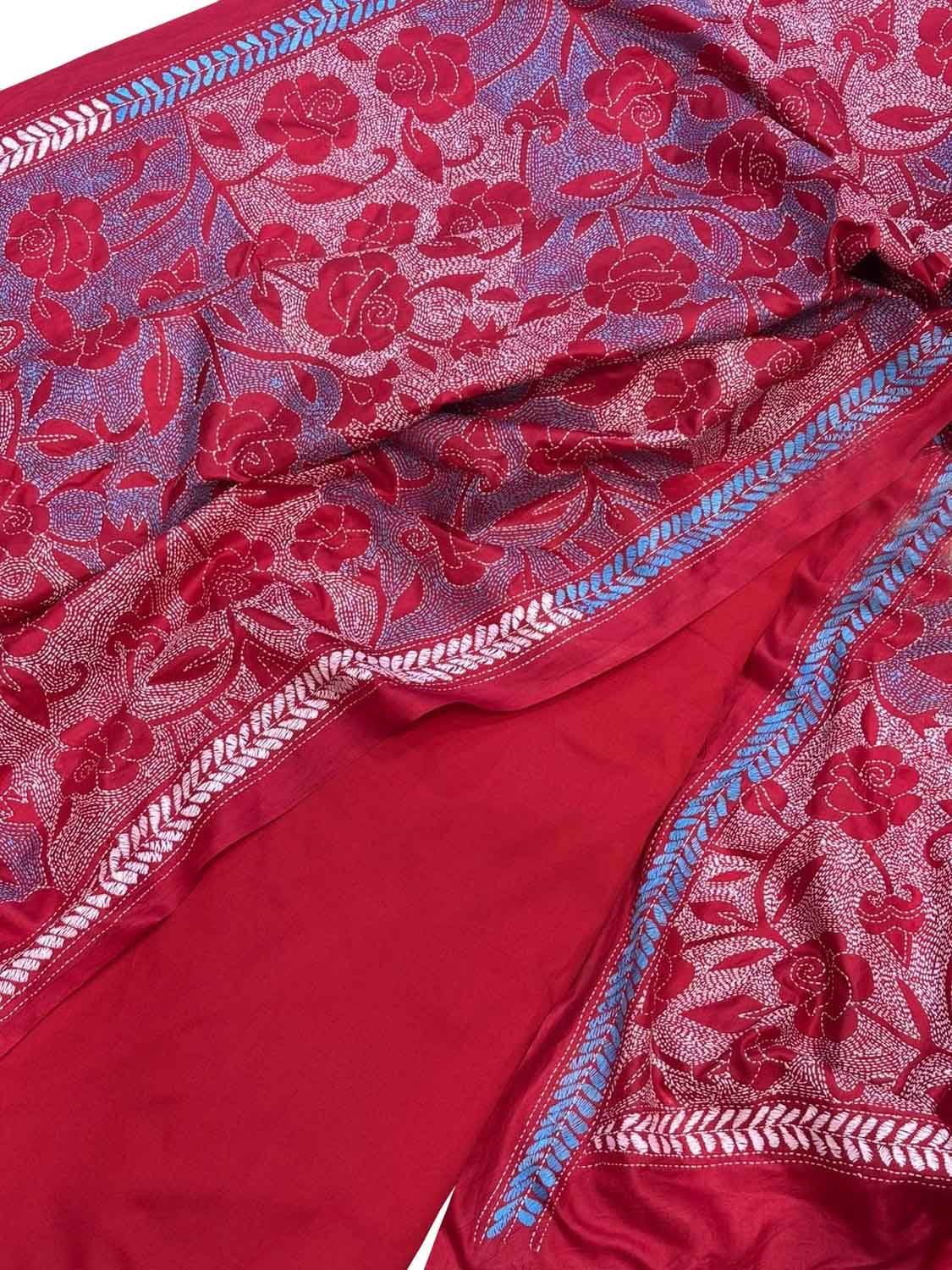 Red Plain Silk Suit With Hand Embroidered Kantha Pure Bangalore Silk Dupatta - Luxurion World