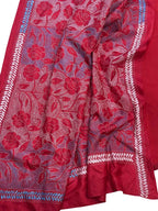 Red Plain Silk Suit With Hand Embroidered Kantha Pure Bangalore Silk Dupatta - Luxurion World