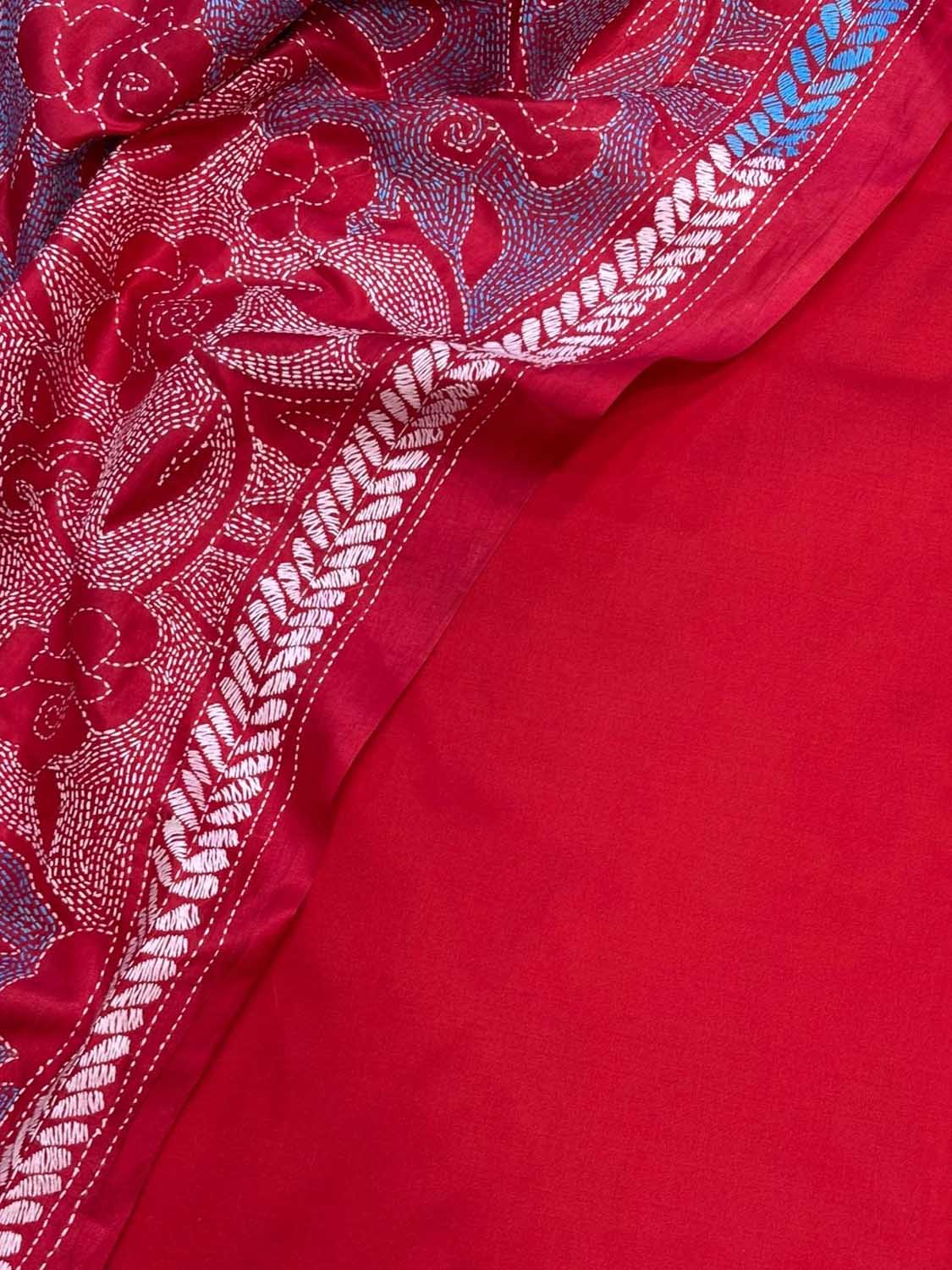 Red Plain Silk Suit With Hand Embroidered Kantha Pure Bangalore Silk Dupatta - Luxurion World