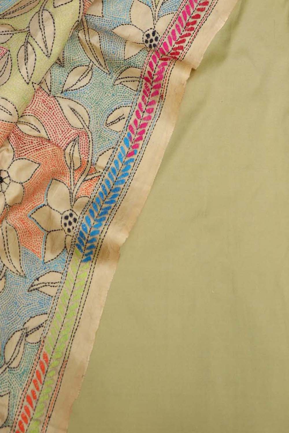 Green Plain Silk Suit With Hand Embroidered Kantha Pure Bangalore Silk Dupatta - Luxurion World