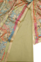 Green Plain Silk Suit With Hand Embroidered Kantha Pure Bangalore Silk Dupatta - Luxurion World