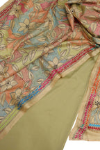 Green Plain Silk Suit With Hand Embroidered Kantha Pure Bangalore Silk Dupatta - Luxurion World