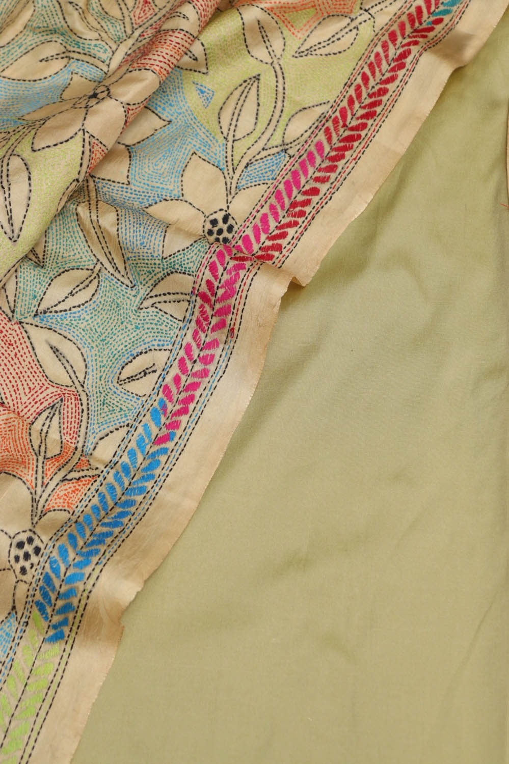 Green Plain Silk Suit With Hand Embroidered Kantha Pure Bangalore Silk Dupatta - Luxurion World