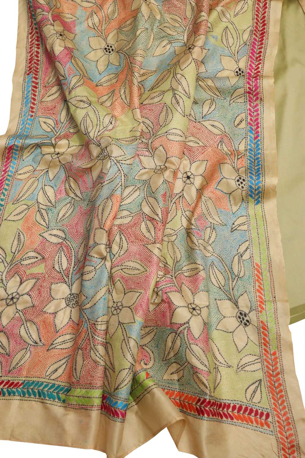 Green Plain Silk Suit With Hand Embroidered Kantha Pure Bangalore Silk Dupatta - Luxurion World