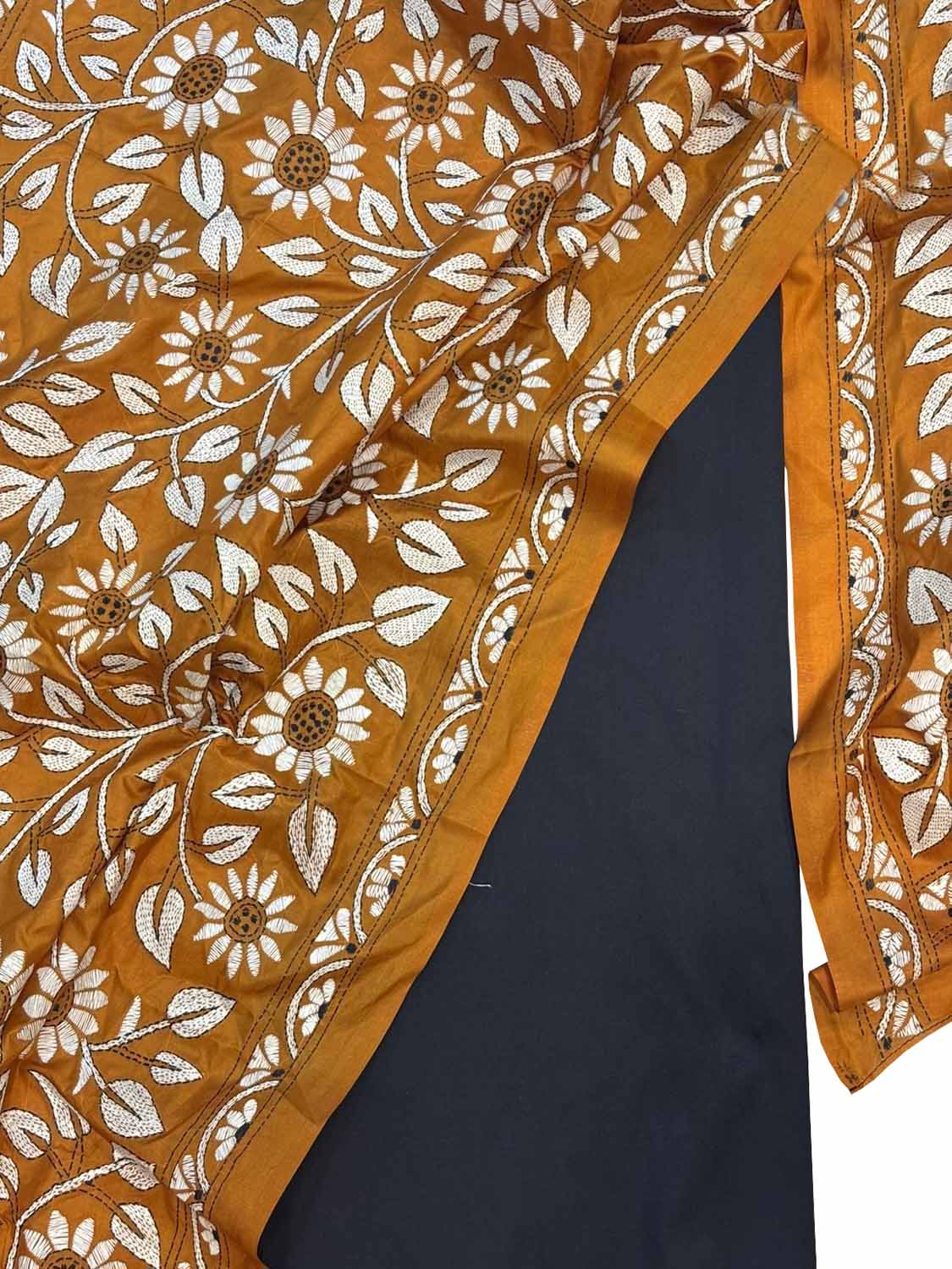 Black Plain Silk Suit With Hand Embroidered Kantha Pure Bangalore Silk Dupatta - Luxurion World