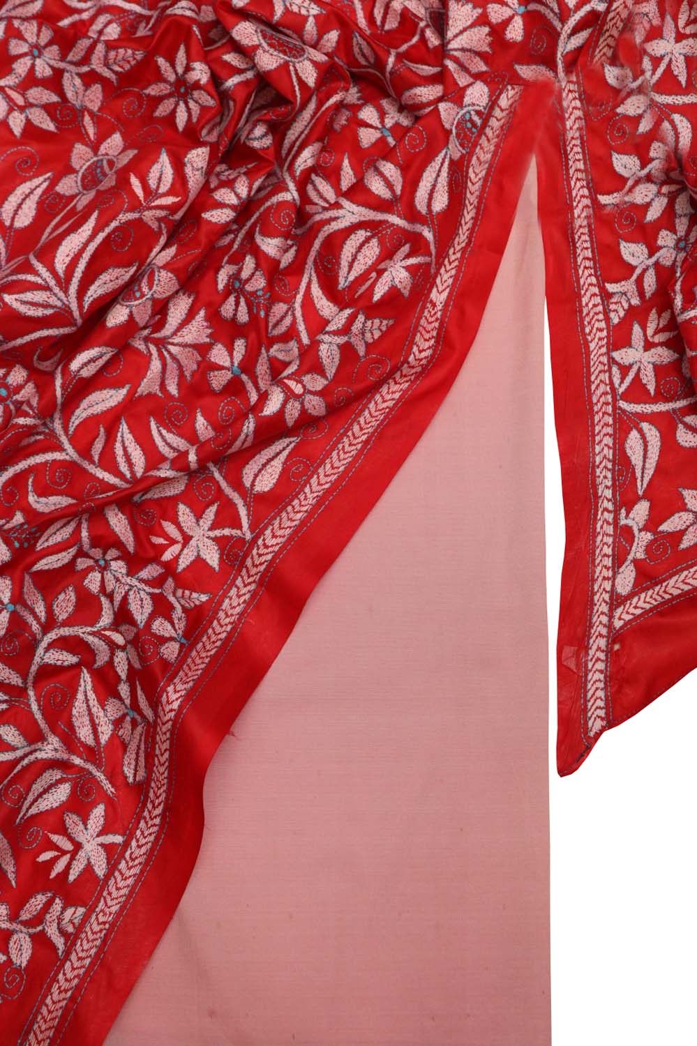 Pink Plain Silk Suit With Hand Embroidered Kantha Pure Bangalore Silk Dupatta - Luxurion World