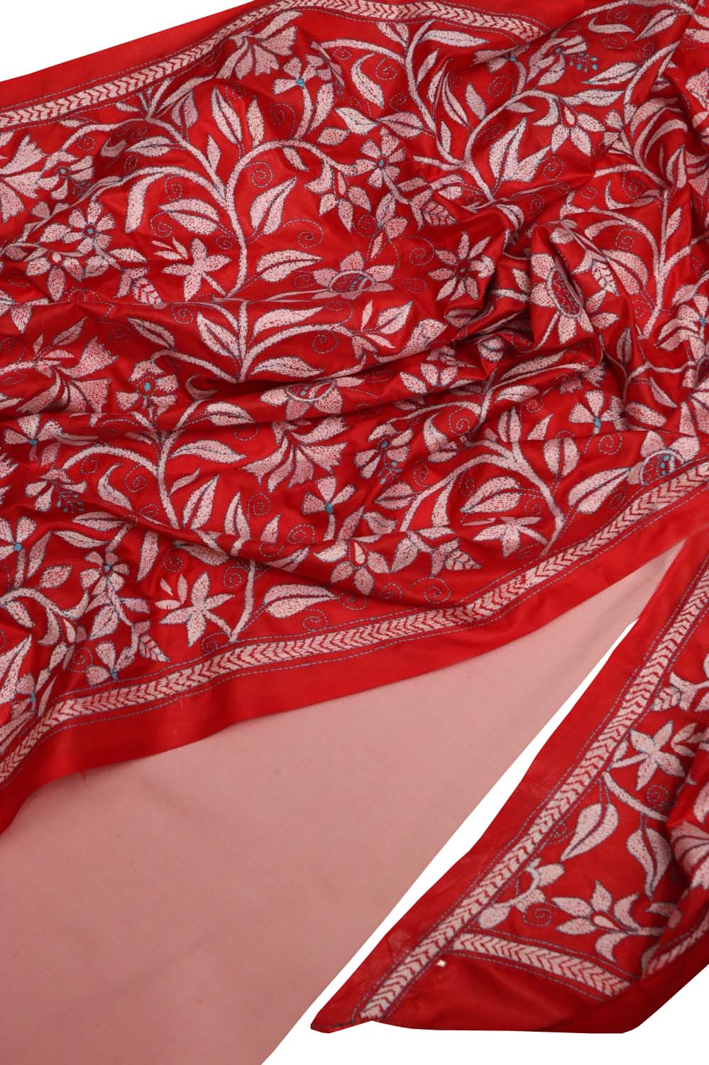 Pink Plain Silk Suit With Hand Embroidered Kantha Pure Bangalore Silk Dupatta - Luxurion World