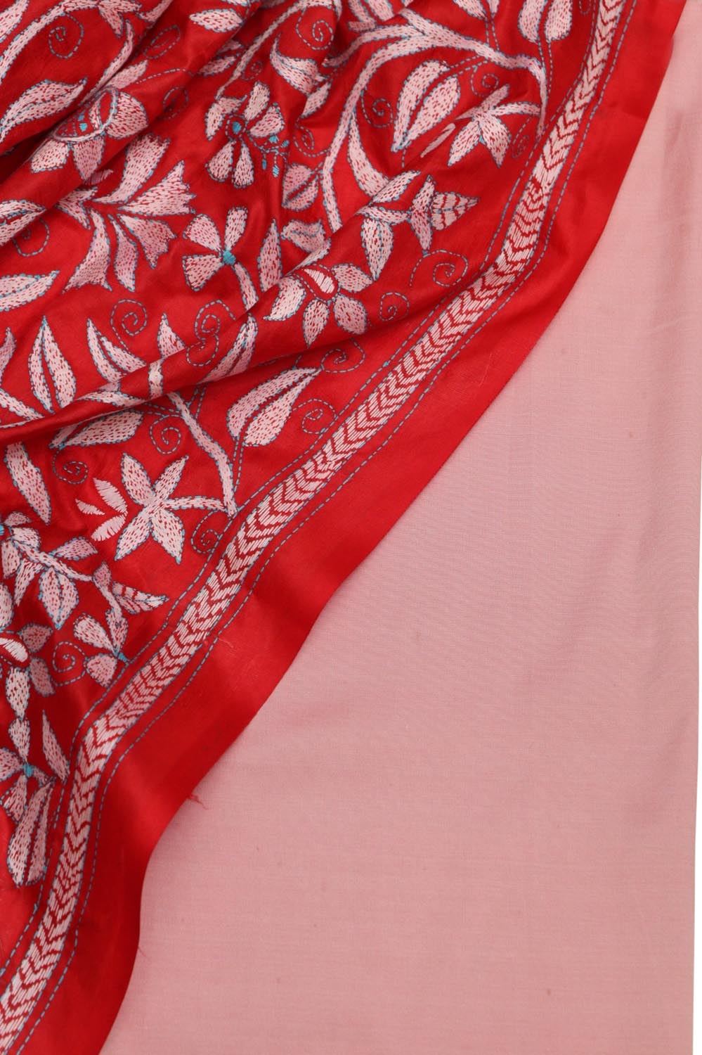 Pink Plain Silk Suit With Hand Embroidered Kantha Pure Bangalore Silk Dupatta - Luxurion World