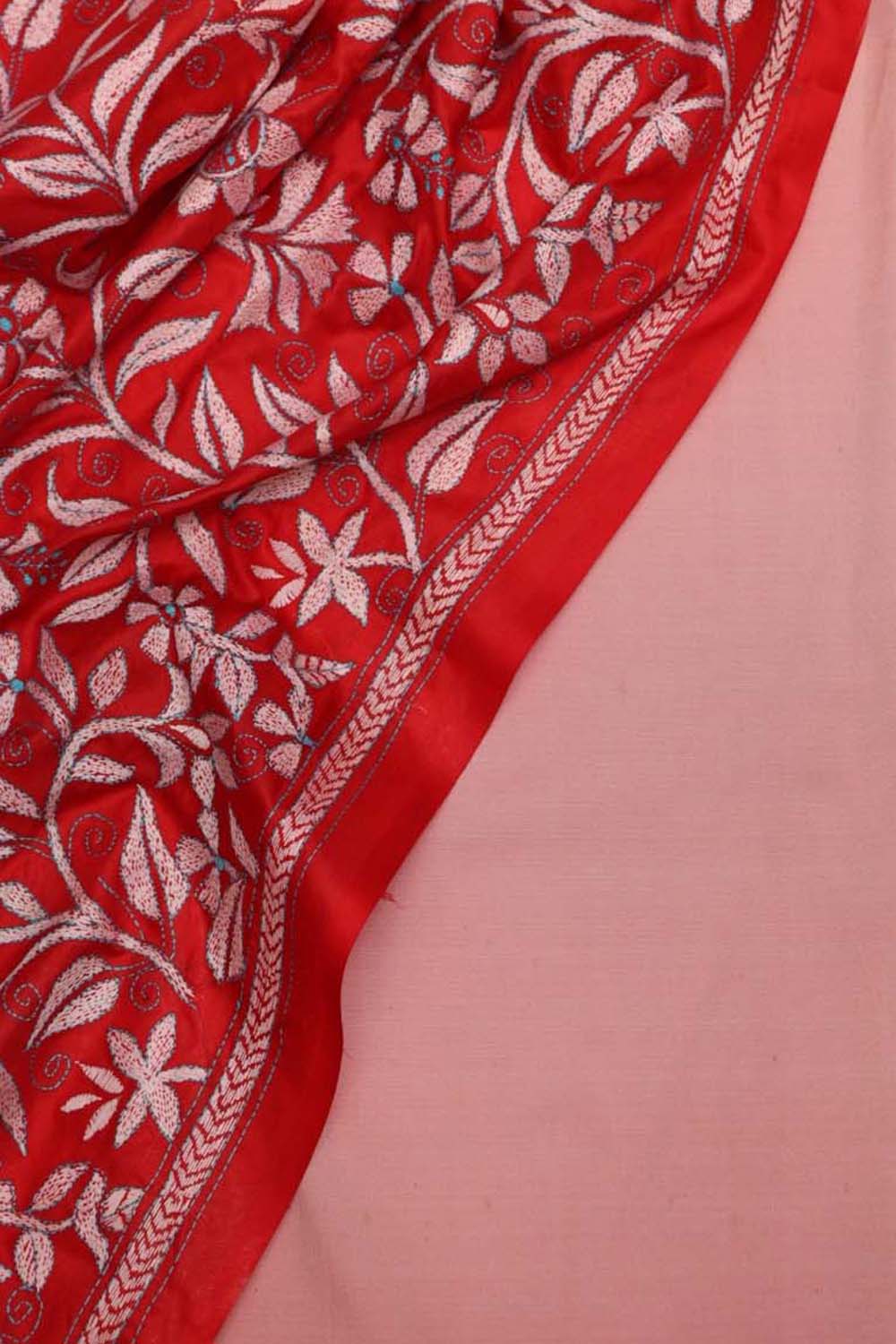 Pink Plain Silk Suit With Hand Embroidered Kantha Pure Bangalore Silk Dupatta - Luxurion World