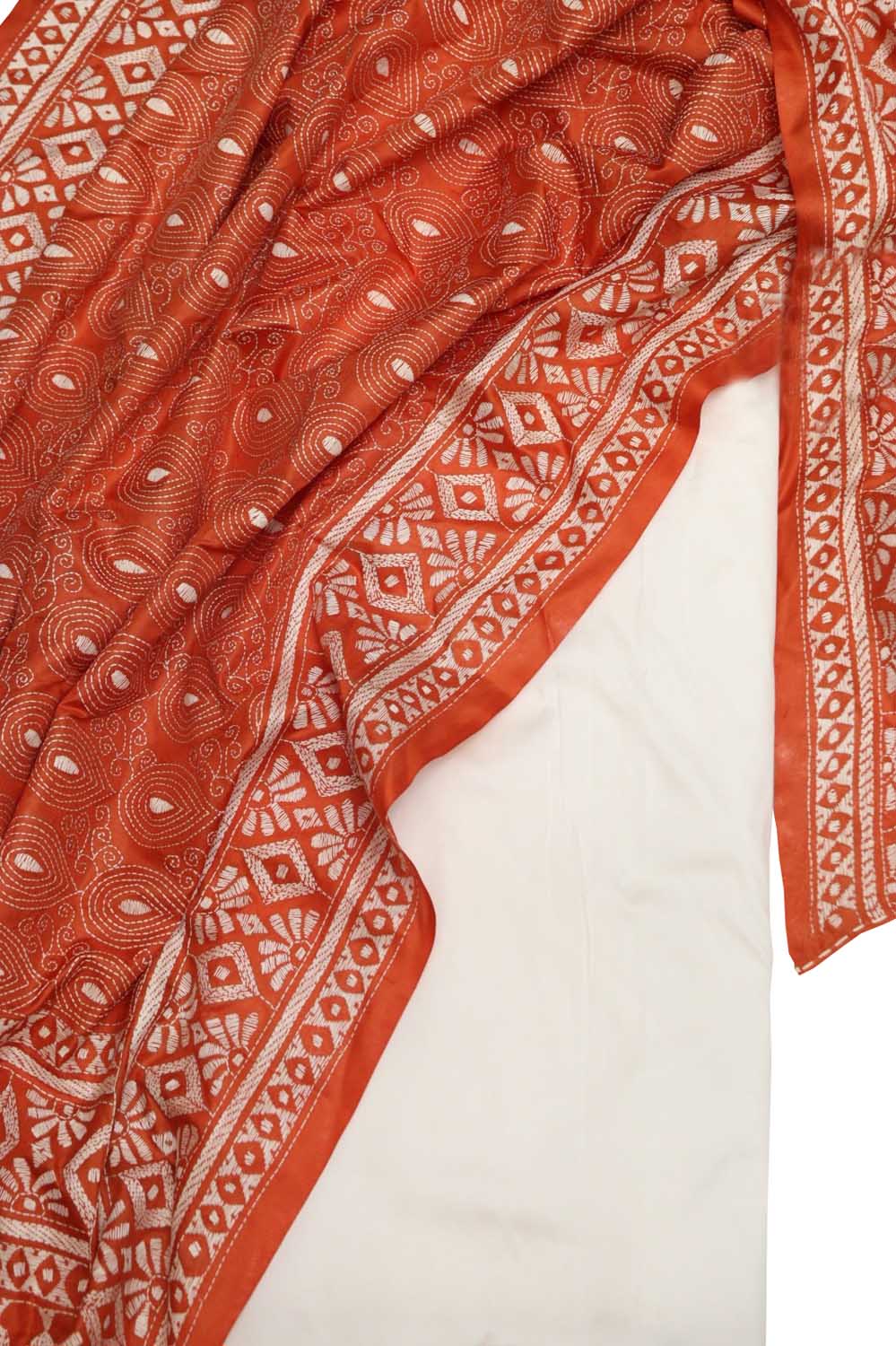 White Plain Silk Suit With Hand Embroidered Kantha Pure Bangalore Silk Dupatta - Luxurion World