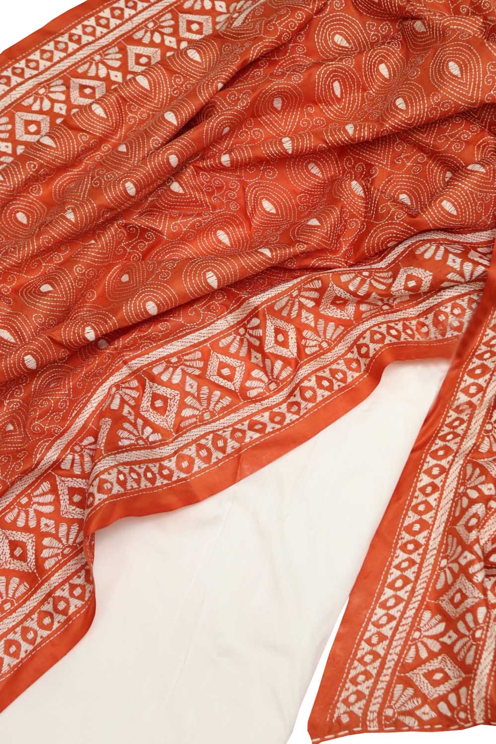 White Plain Silk Suit With Hand Embroidered Kantha Pure Bangalore Silk Dupatta - Luxurion World