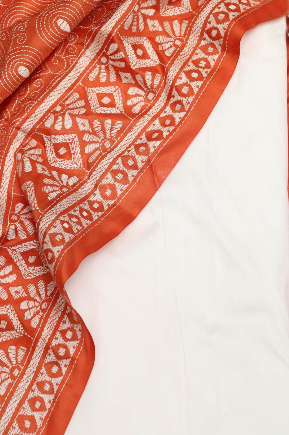 White Plain Silk Suit With Hand Embroidered Kantha Pure Bangalore Silk Dupatta - Luxurion World