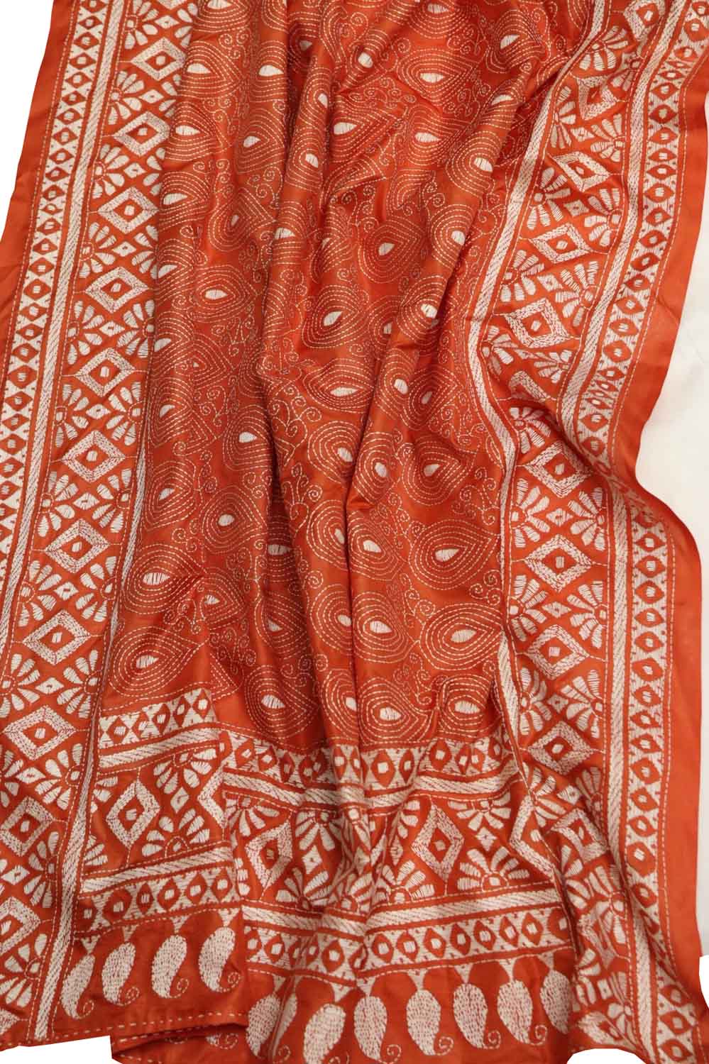 White Plain Silk Suit With Hand Embroidered Kantha Pure Bangalore Silk Dupatta - Luxurion World