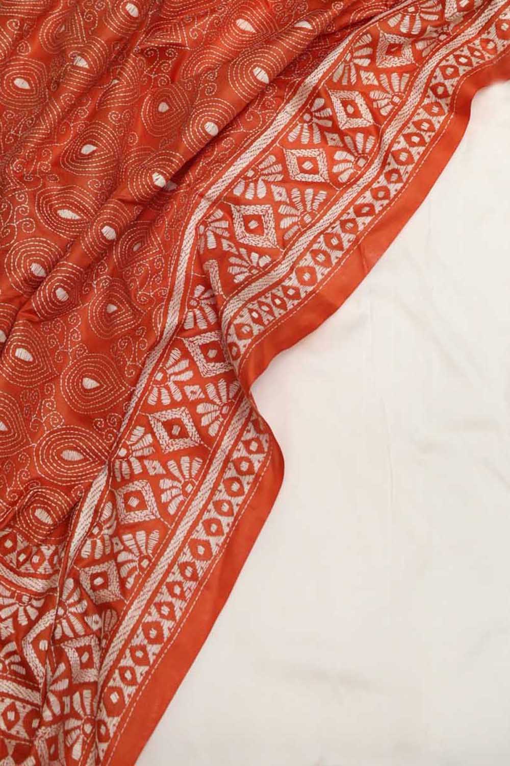 White Plain Silk Suit With Hand Embroidered Kantha Pure Bangalore Silk Dupatta - Luxurion World