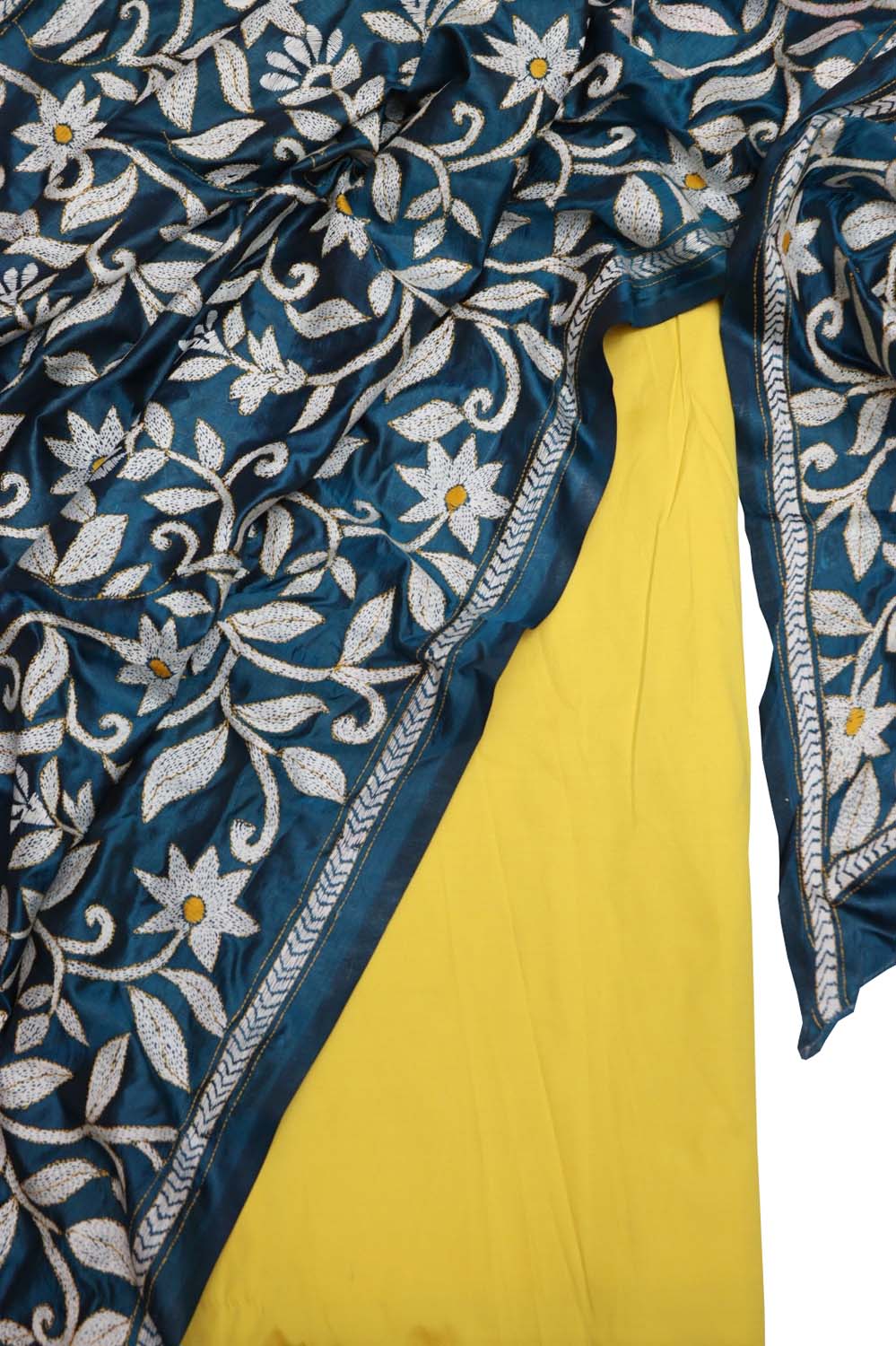 Yellow Plain Silk Suit With Hand Embroidered Kantha Pure Bangalore Silk Dupatta - Luxurion World