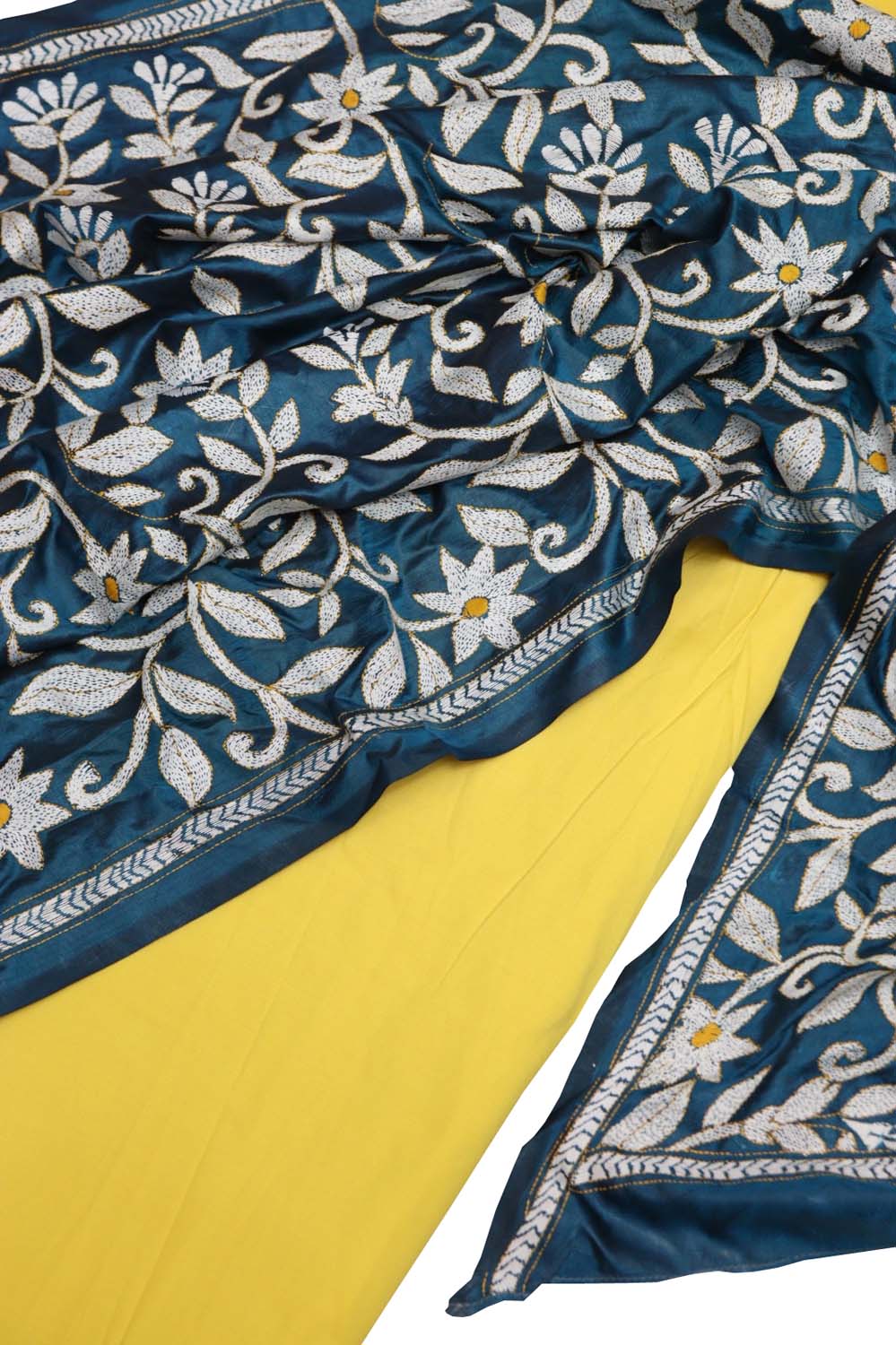 Yellow Plain Silk Suit With Hand Embroidered Kantha Pure Bangalore Silk Dupatta - Luxurion World
