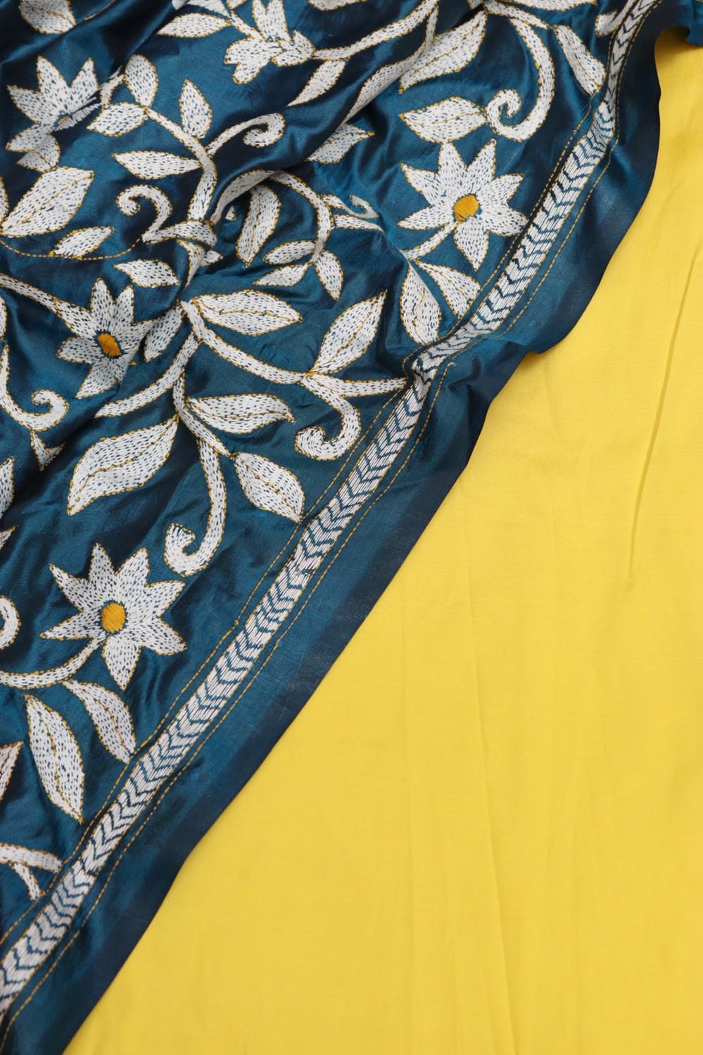 Yellow Plain Silk Suit With Hand Embroidered Kantha Pure Bangalore Silk Dupatta - Luxurion World