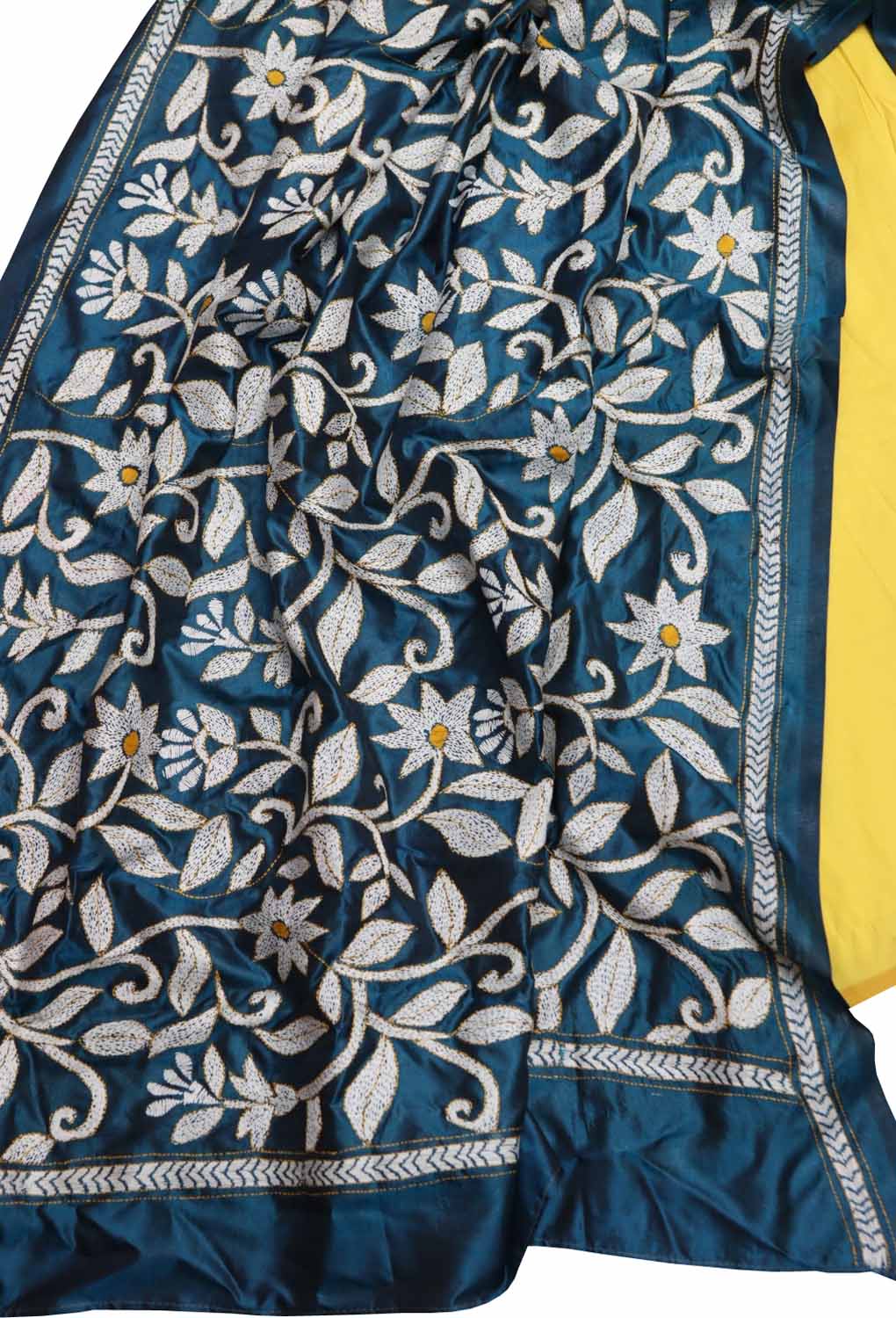 Yellow Plain Silk Suit With Hand Embroidered Kantha Pure Bangalore Silk Dupatta - Luxurion World
