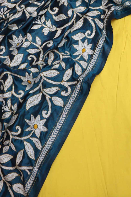 Yellow Plain Silk Suit With Hand Embroidered Kantha Pure Bangalore Silk Dupatta - Luxurion World