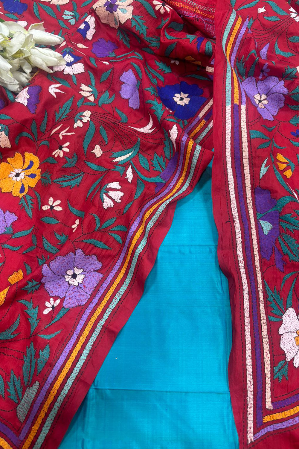 Blue Pure Silk Suit — Red Kantha Flower Embroidery Dupatta, Festive