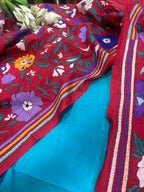 Blue Pure Silk Suit — Red Kantha Flower Embroidery Dupatta, Festive