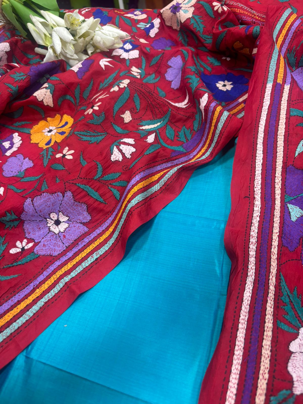 Blue Pure Silk Suit — Red Kantha Flower Embroidery Dupatta, Festive