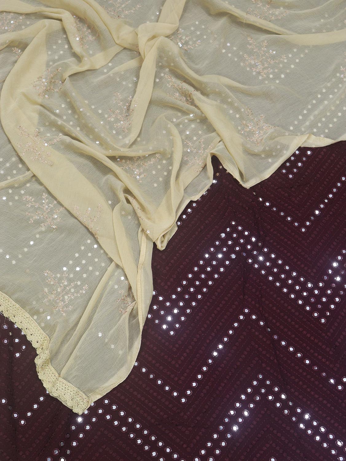 Shine in Style: Maroon Georgette Suit with Foil Mirror & Golden Sequins Dupatta - Luxurion World