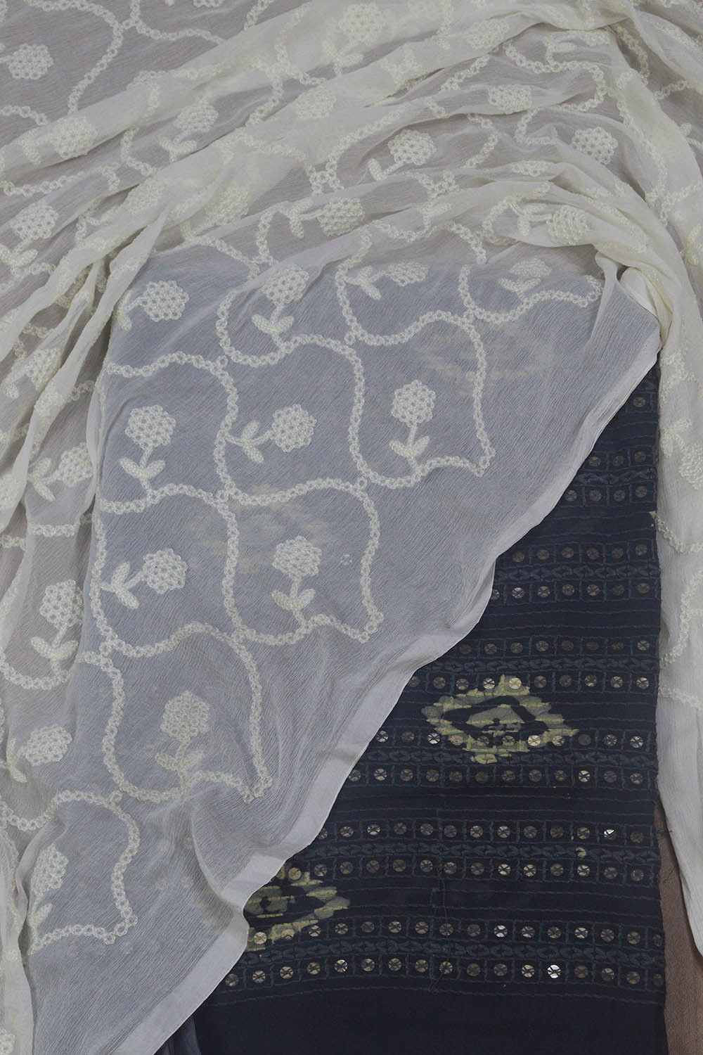 Sequined Grey Georgette Suit with Batik Print & Embroidered White Dupatta - Luxurion World