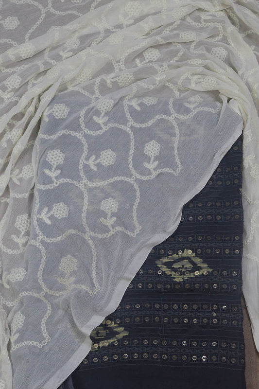 Sequined Grey Georgette Suit with Batik Print & Embroidered White Dupatta - Luxurion World