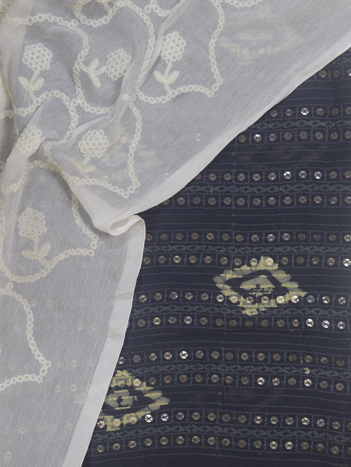 Sequined Grey Georgette Suit with Batik Print & Embroidered White Dupatta - Luxurion World