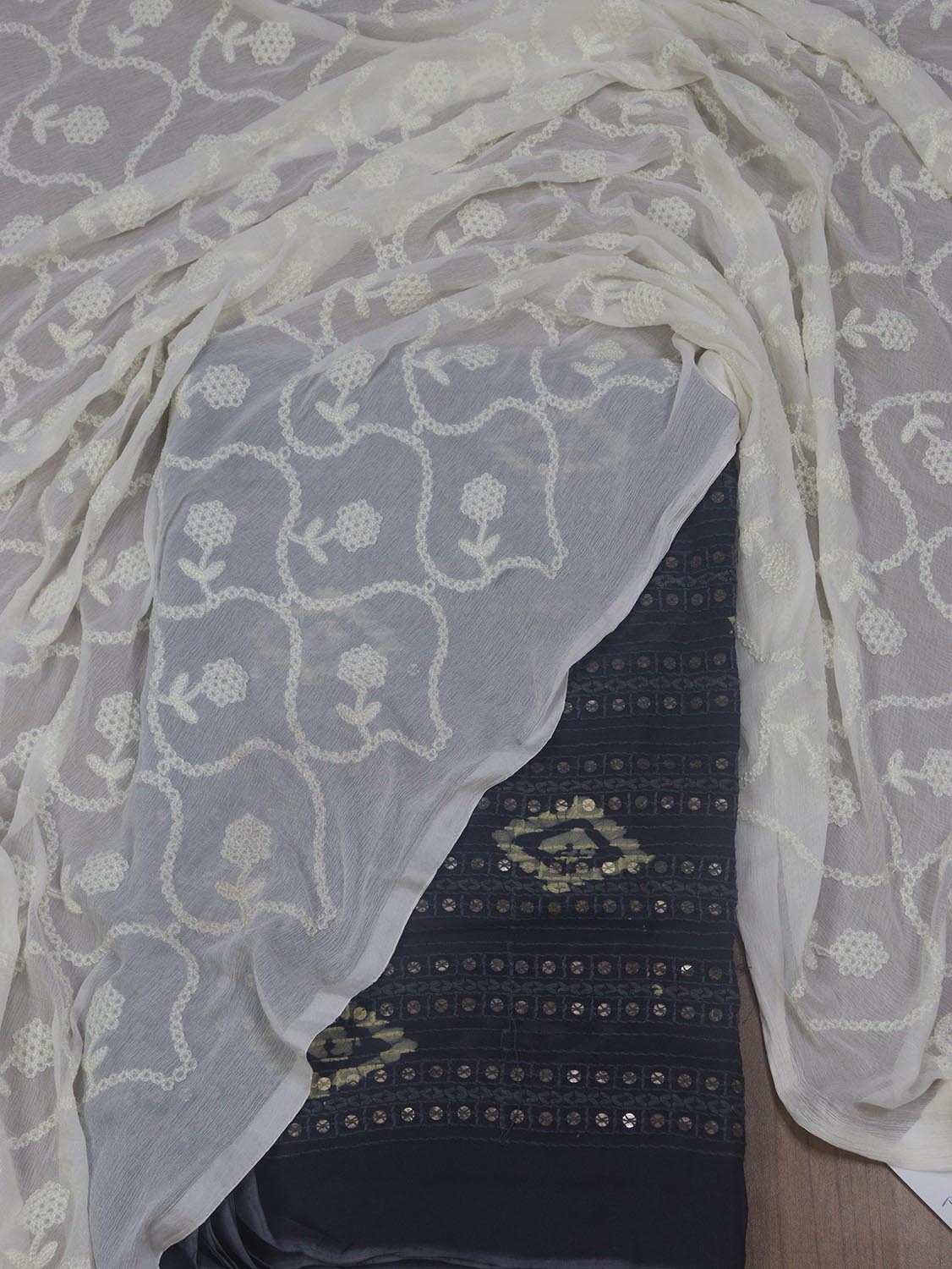 Sequined Grey Georgette Suit with Batik Print & Embroidered White Dupatta - Luxurion World