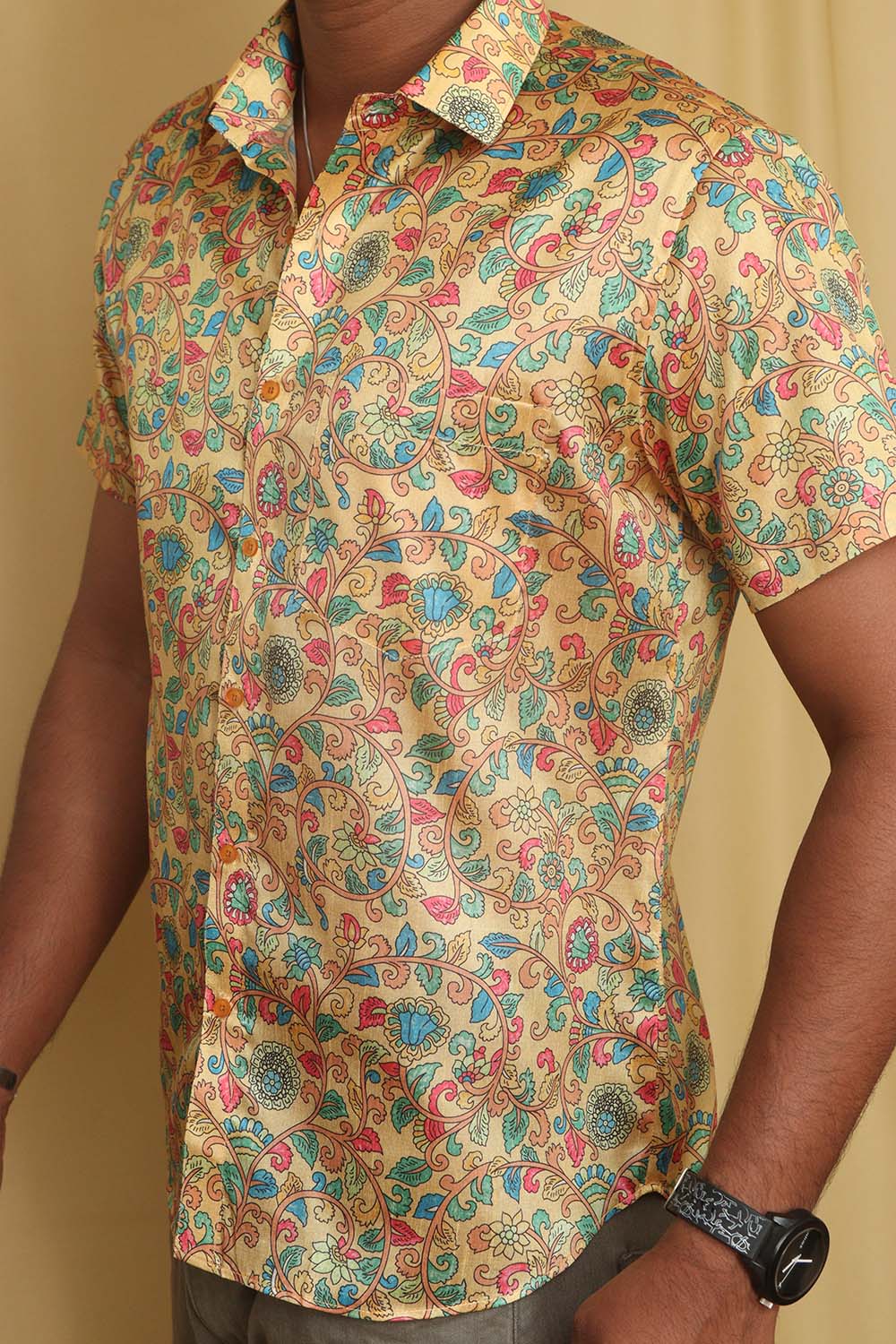 Yellow Kalamkari Tussar Silk Shirt - Digital Print - Luxurion World