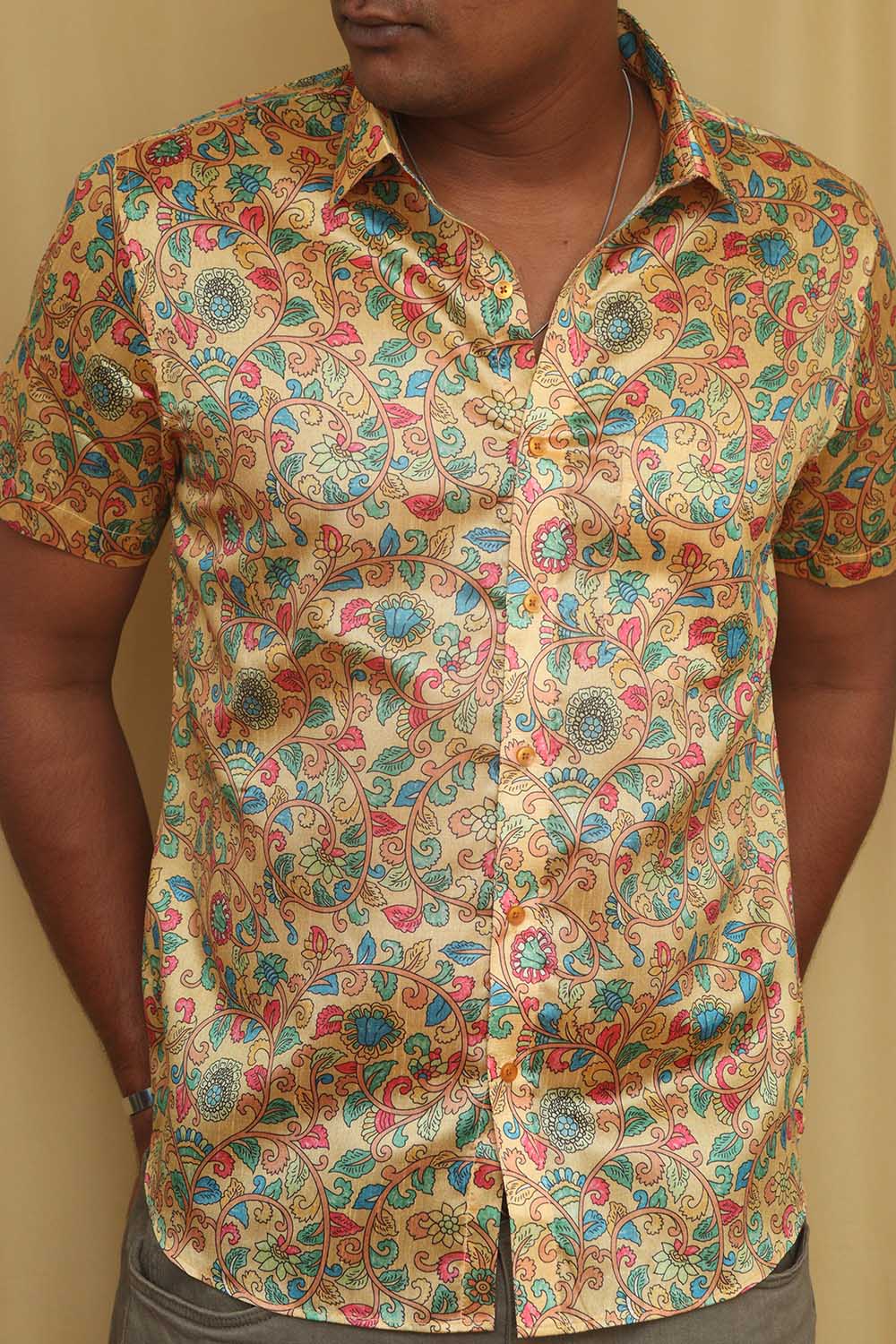 Yellow Kalamkari Tussar Silk Shirt - Digital Print - Luxurion World