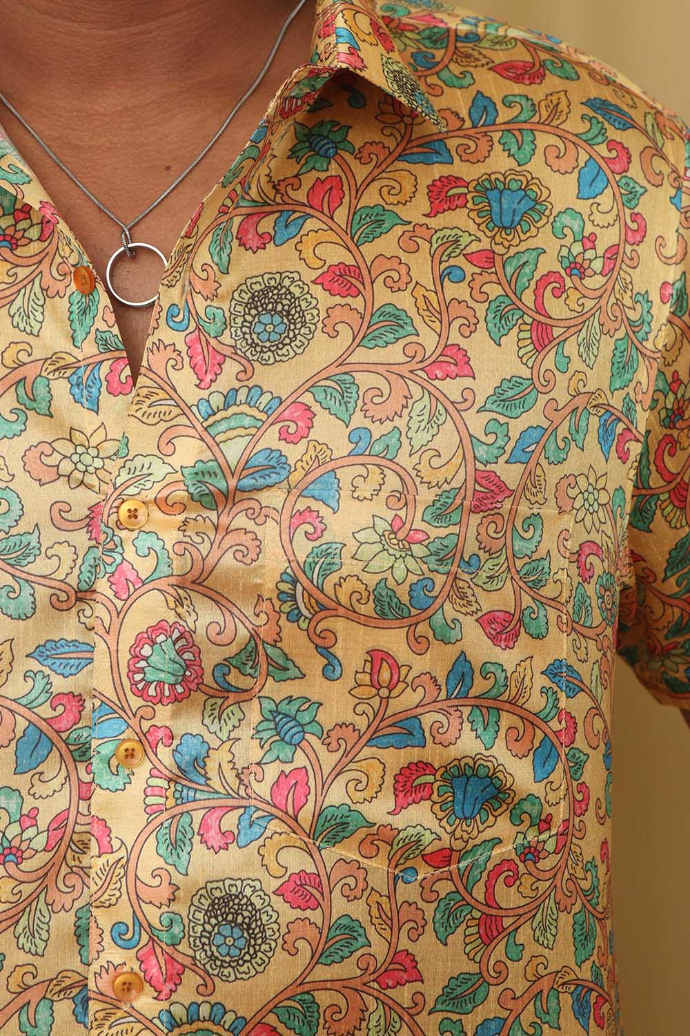 Yellow Kalamkari Tussar Silk Shirt - Digital Print - Luxurion World