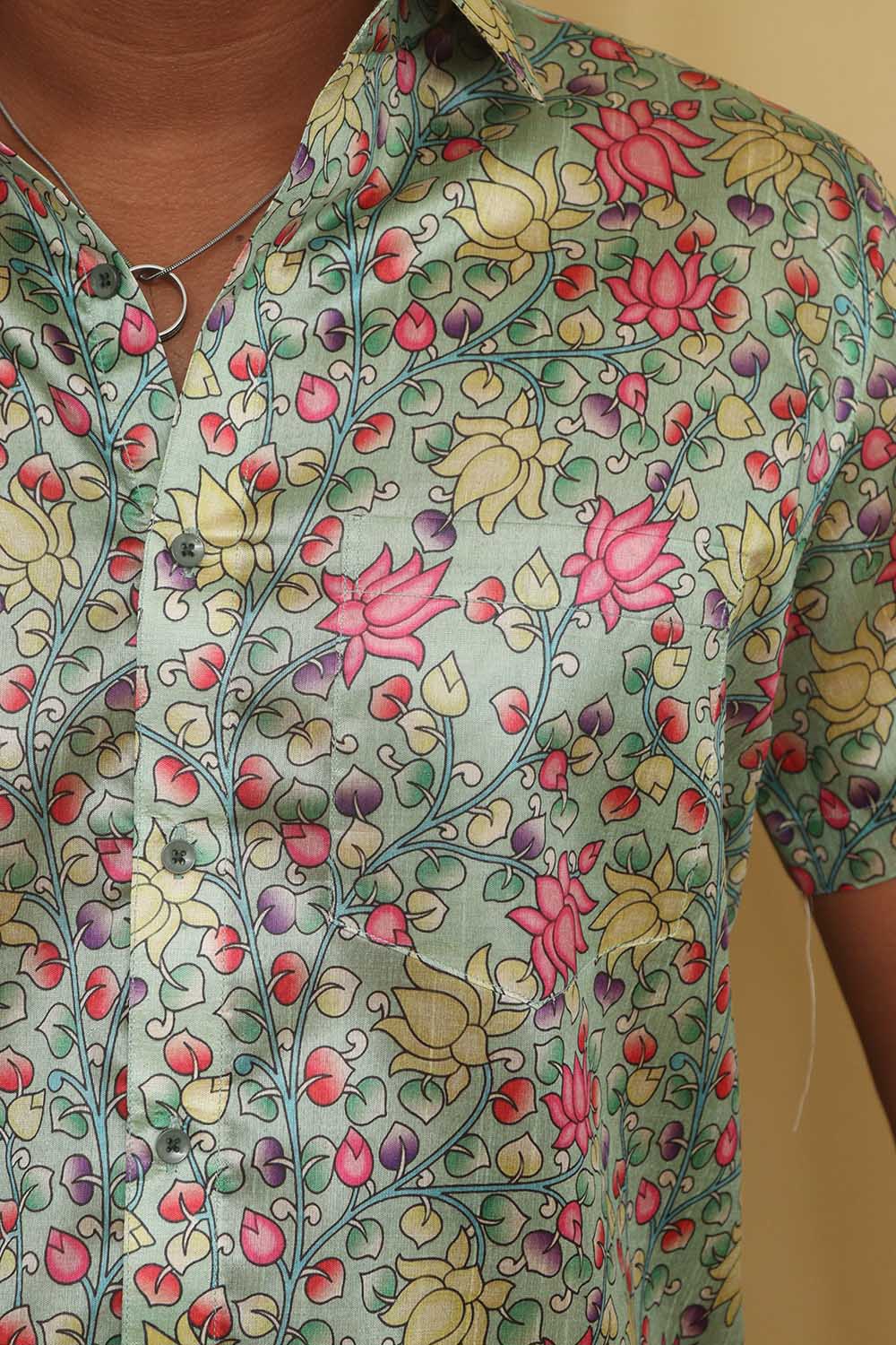 Green Kalamkari Tussar Silk Shirt - Digital Printed - Luxurion World