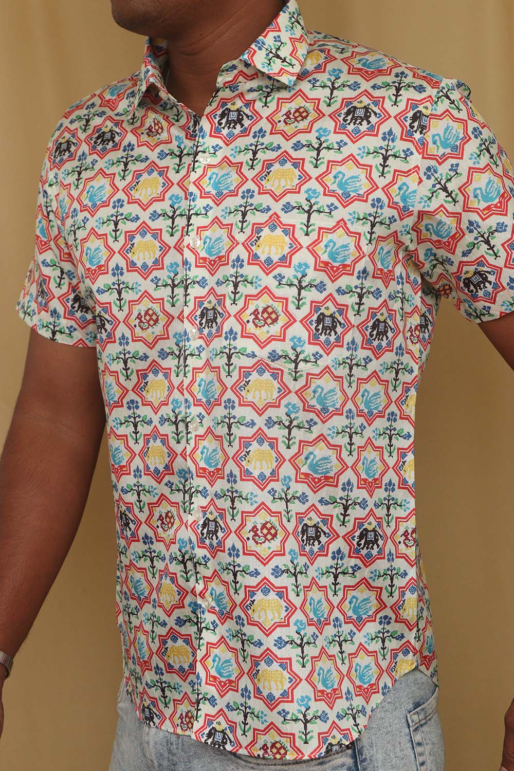 Stylish Off White Digital Printed Patola Design Tussar Silk Shirt - Luxurion World